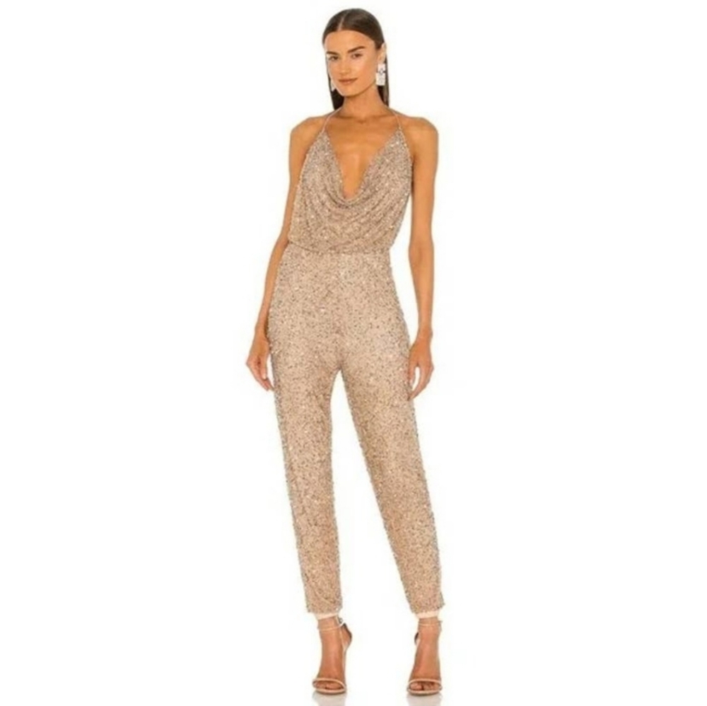Retrofete Skylar Halter Sequin Jumpsuit in Cream and Gold Size Small Sleeveless